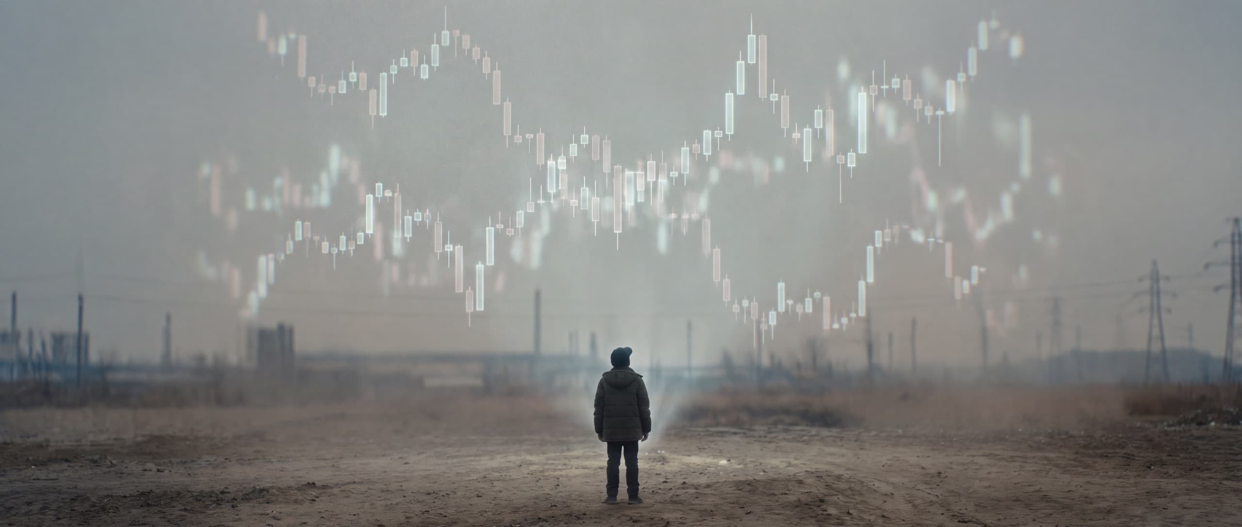A lone trader standing in a vast landscape beneath a giant chart of glowing candlesticks in the sky