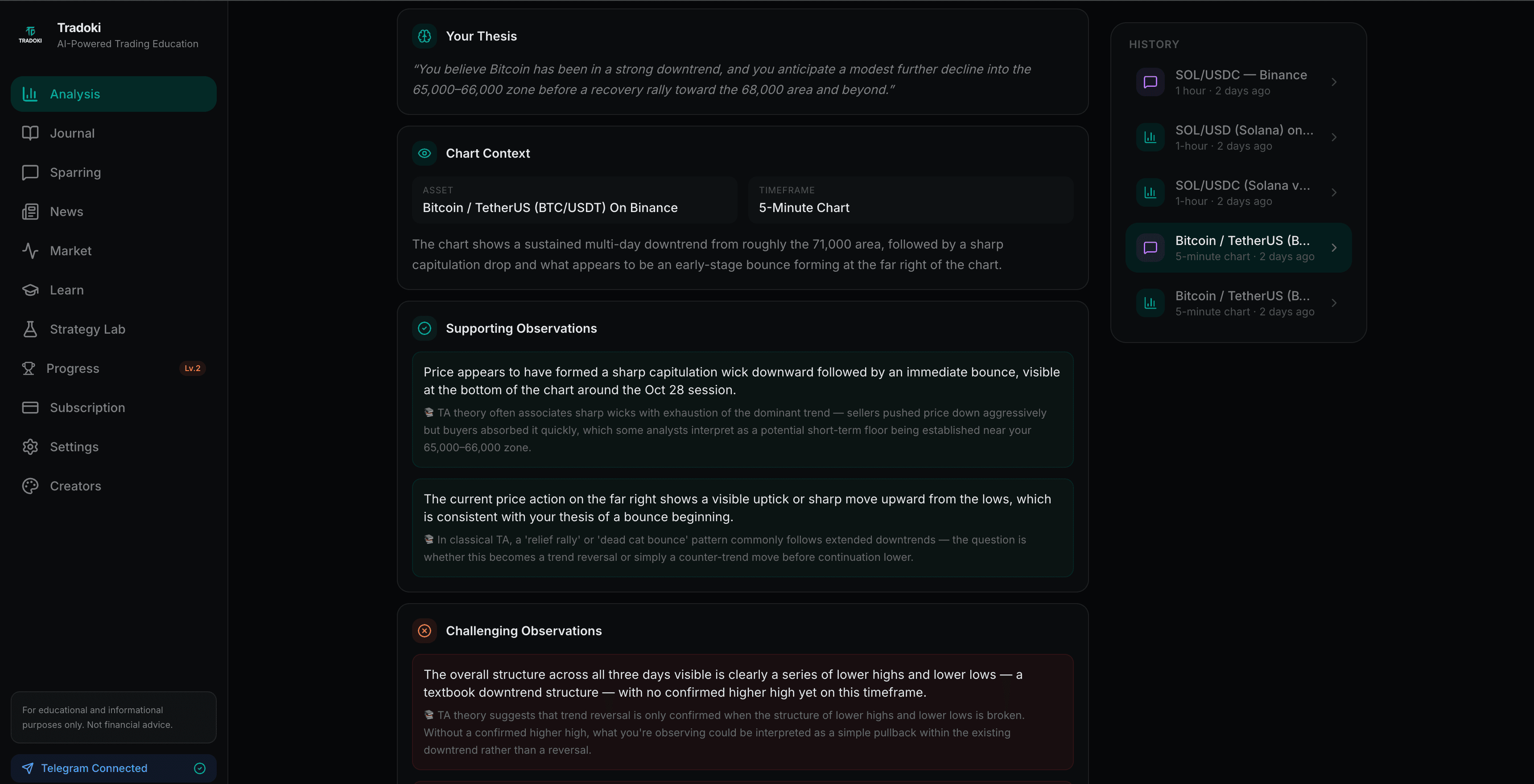 Tradoki Chart Analysis — AI identifying patterns and observations