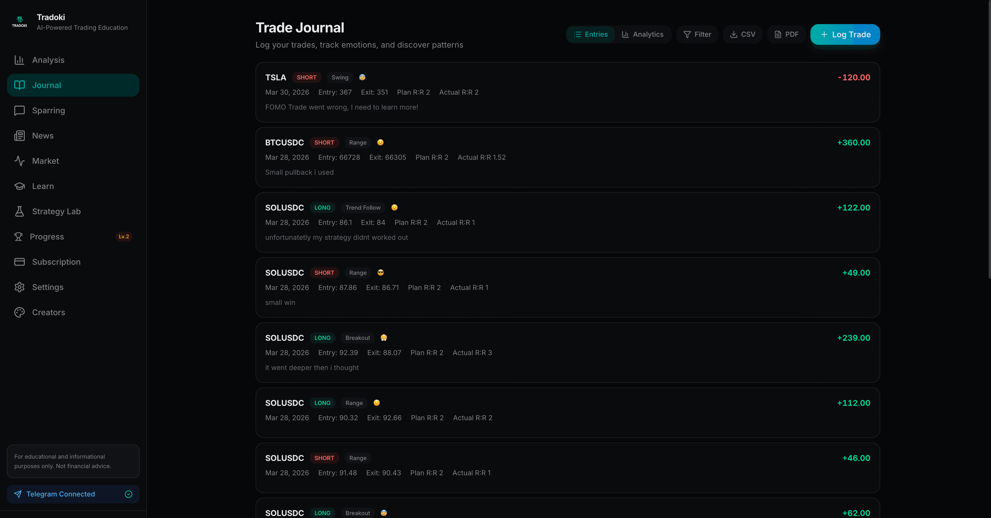 Tradoki Trade Journal — logged trades with strategy and emotion tags