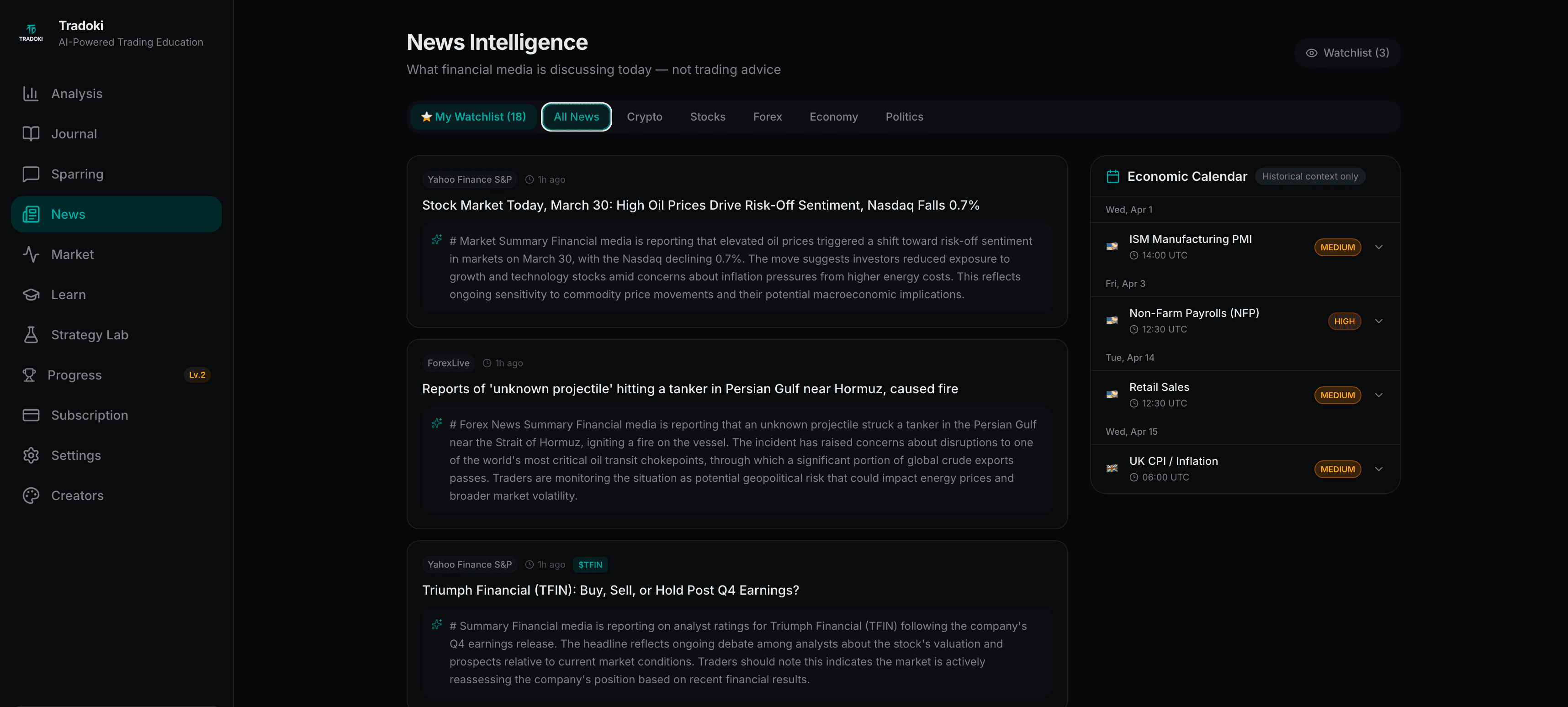 Tradoki News Intelligence — financial news aggregation with economic calendar