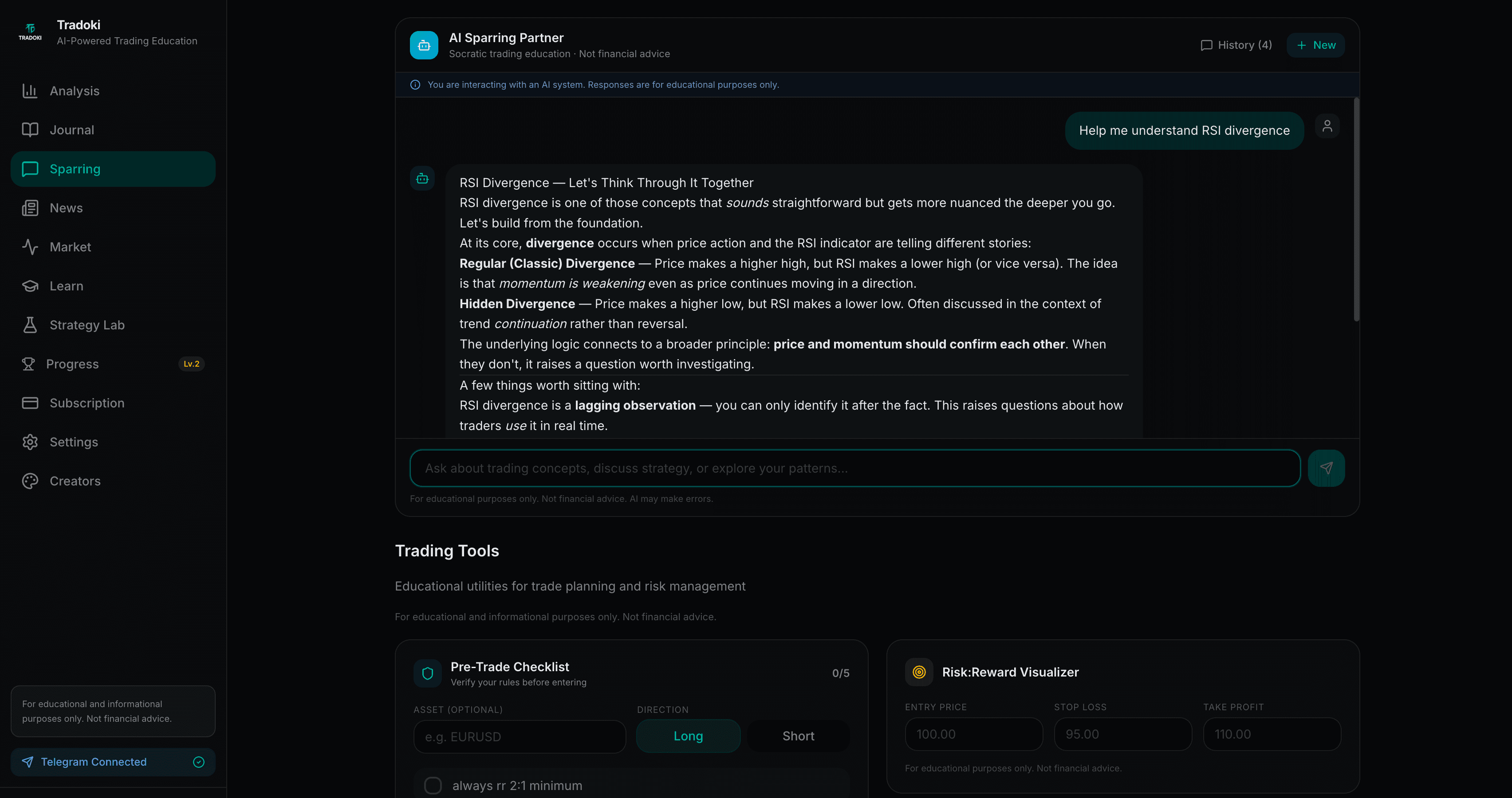 Tradoki AI Sparring Partner — Socratic questioning chat about RSI divergence